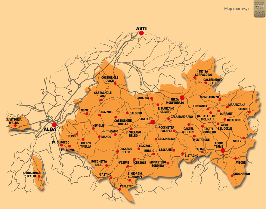 The map of Moscato d'Asti town halls