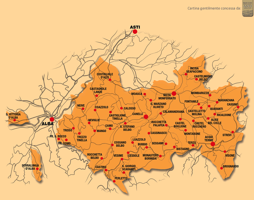 La cartina dei Comuni del Moscato d'Asti